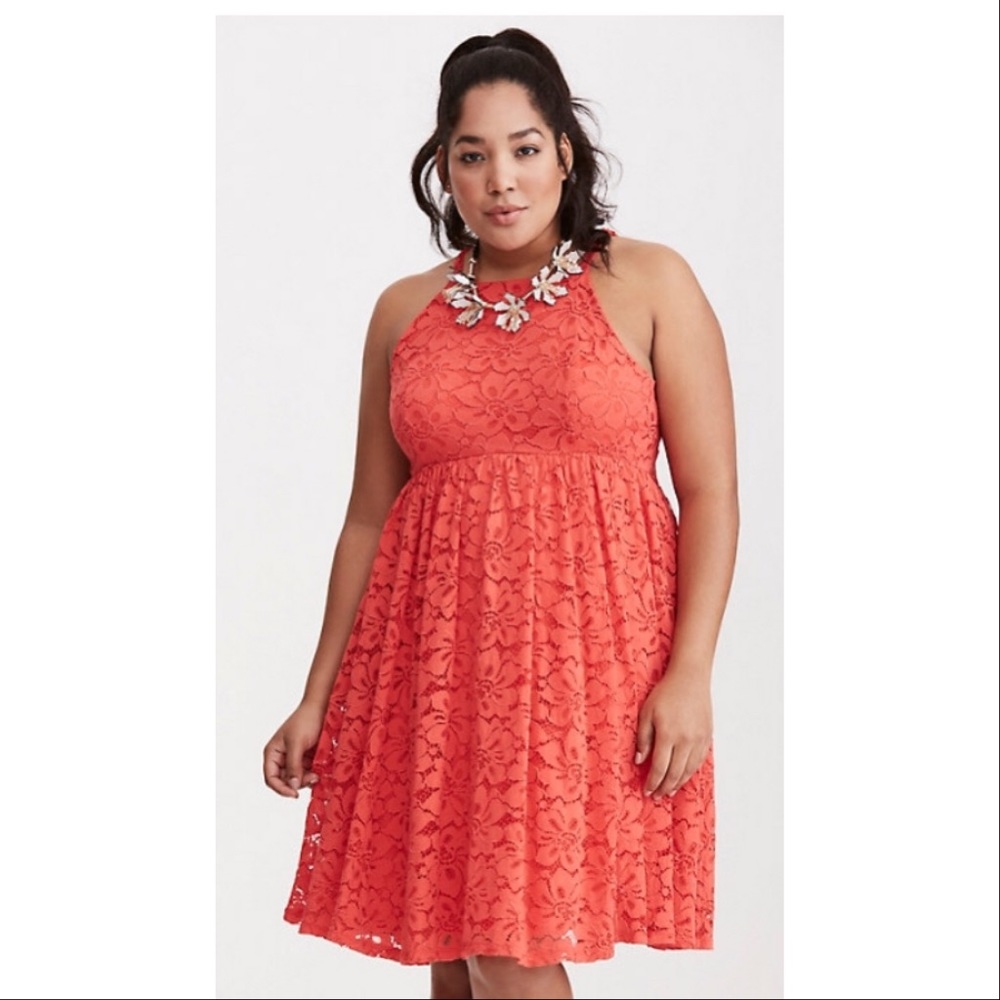 torrid Lace High Neck Skater Dress in Hibiscus